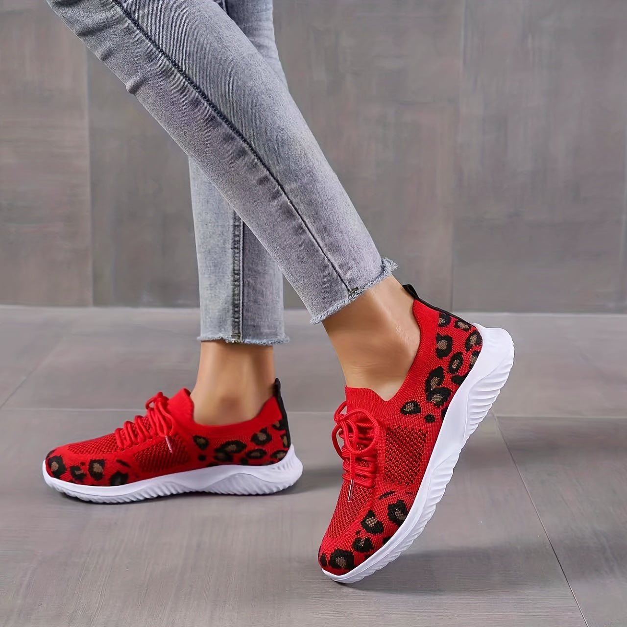 Leopard Pattern Breathable Sneakers Low Wedge Casual Sporty Shoes