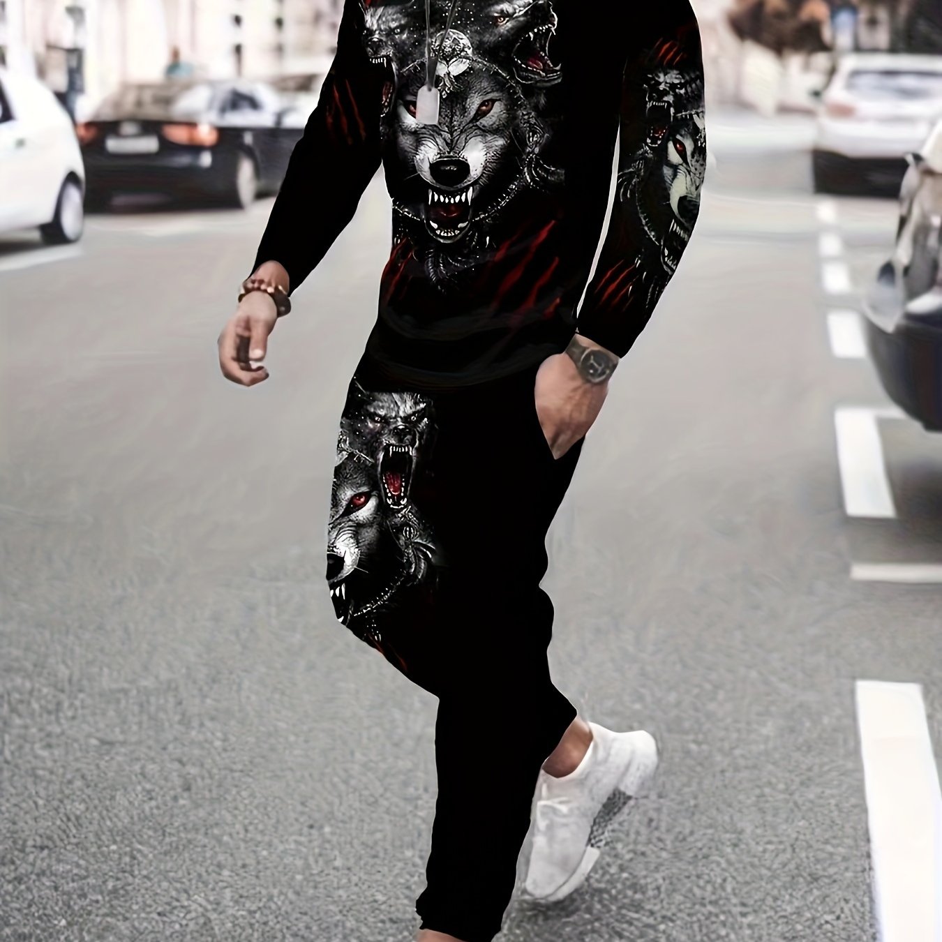 Men's Wolf Print 3D Sweatshirt & Joggers Set for Sports