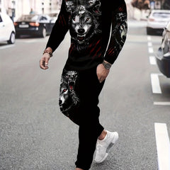 Men's Wolf Print 3D Sweatshirt & Joggers Set for Sports