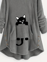 Cat Pattern Print Asymmetrical Loose Hoodies Casual Printed Long Sleeve Hoodies