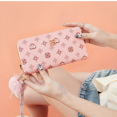 Girls Zipper Long Wallet Handbag Coin Purse With Fur Ball