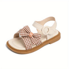 Toddler Girls Houndstooth Bowknot Strap Sandals Soft Sole Anti-skid Flat Shoes