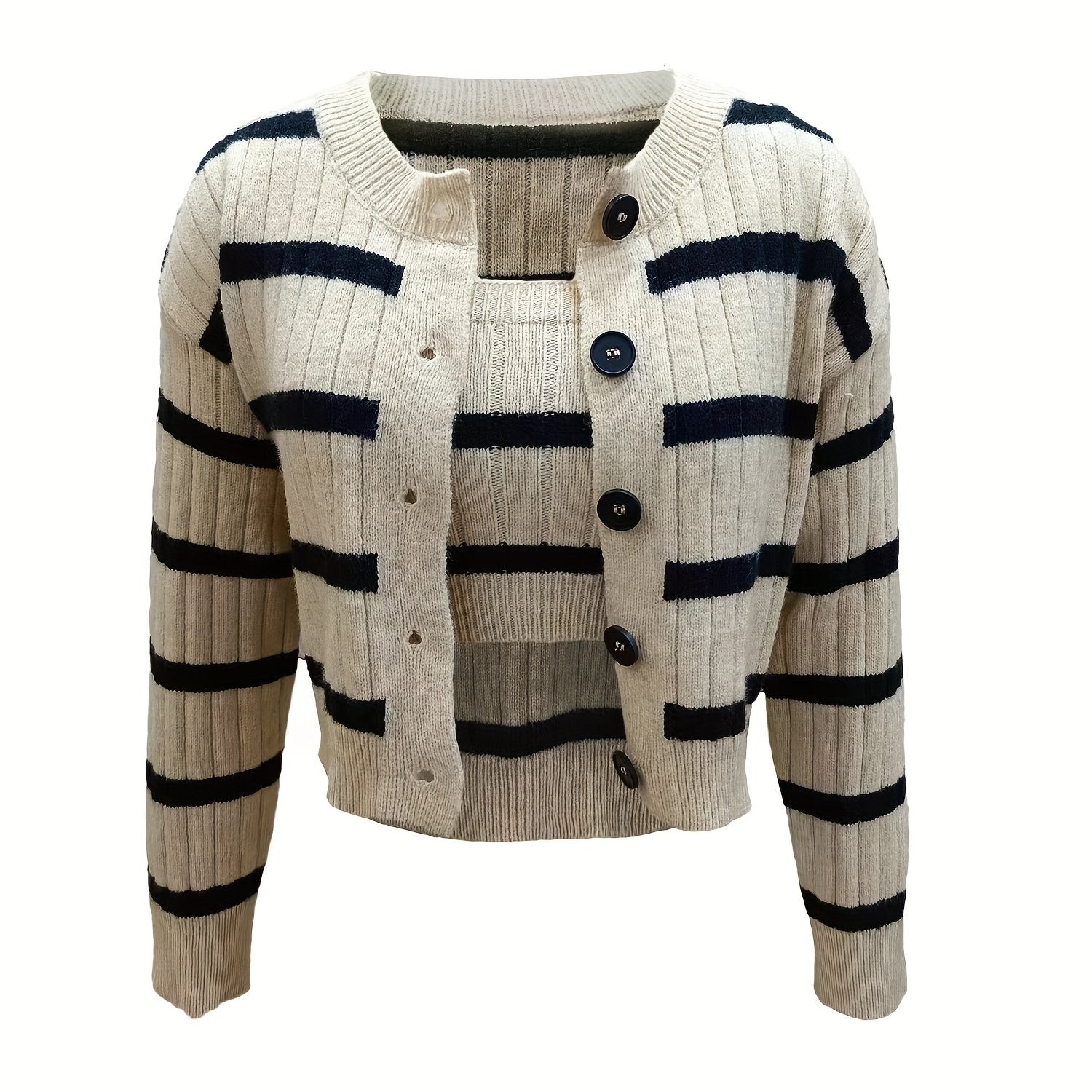 Stripe Pattern Knitted Two piece Set Long Sleeve Top & Crop Cami Outfits