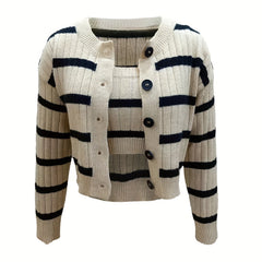 Stripe Pattern Knitted Two piece Set Long Sleeve Top & Crop Cami Outfits