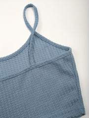 Waffle Solid Lounge Set Cami Top & Long Sleeve Crew Neck Top & Lace Up Shorts