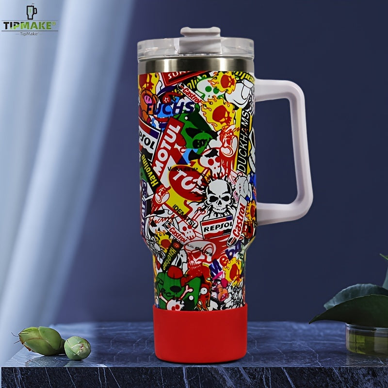 40oz Skull Print Water Bottle Insulated Leak Proof Sports Cup with Handle