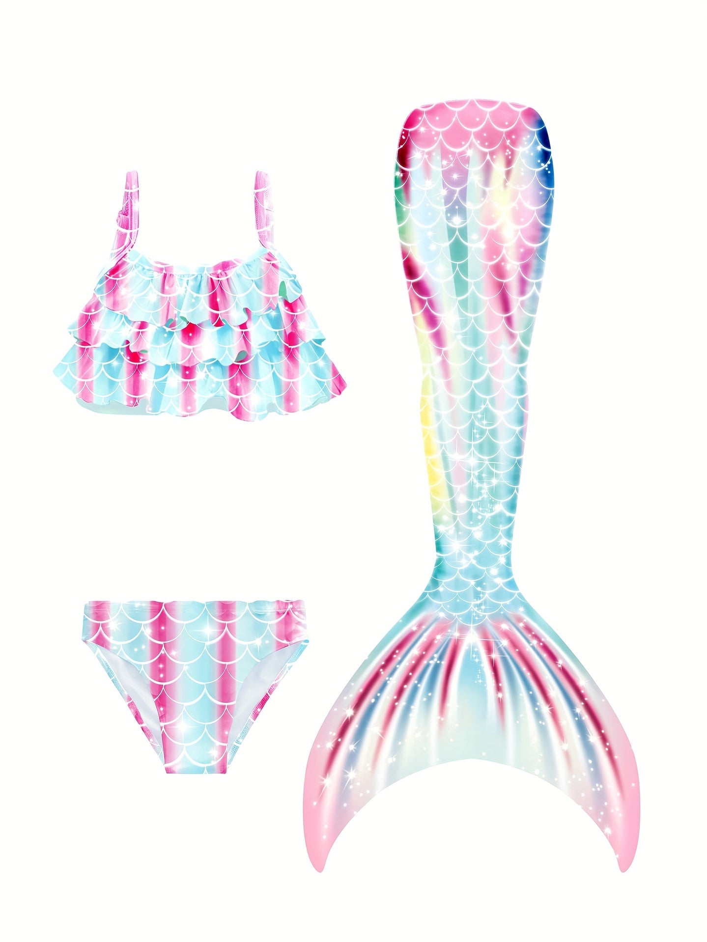 Girl's Mermaid Swimsuit 3pcs Bikini Set & Mermaid Tail Fish Scale Print Ruffle