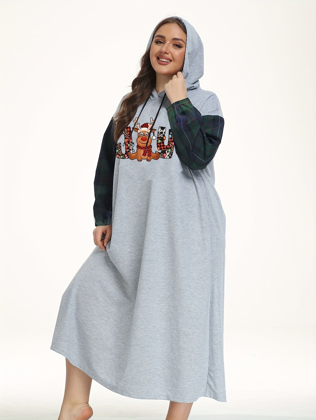 Christmas Lounge Dress Women's Plus Elk Print Plaid Hooded Sleep Dress