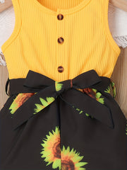 Girls Sunflower Pattern Sleeveless Casual Romper Jumpsuit with Belt