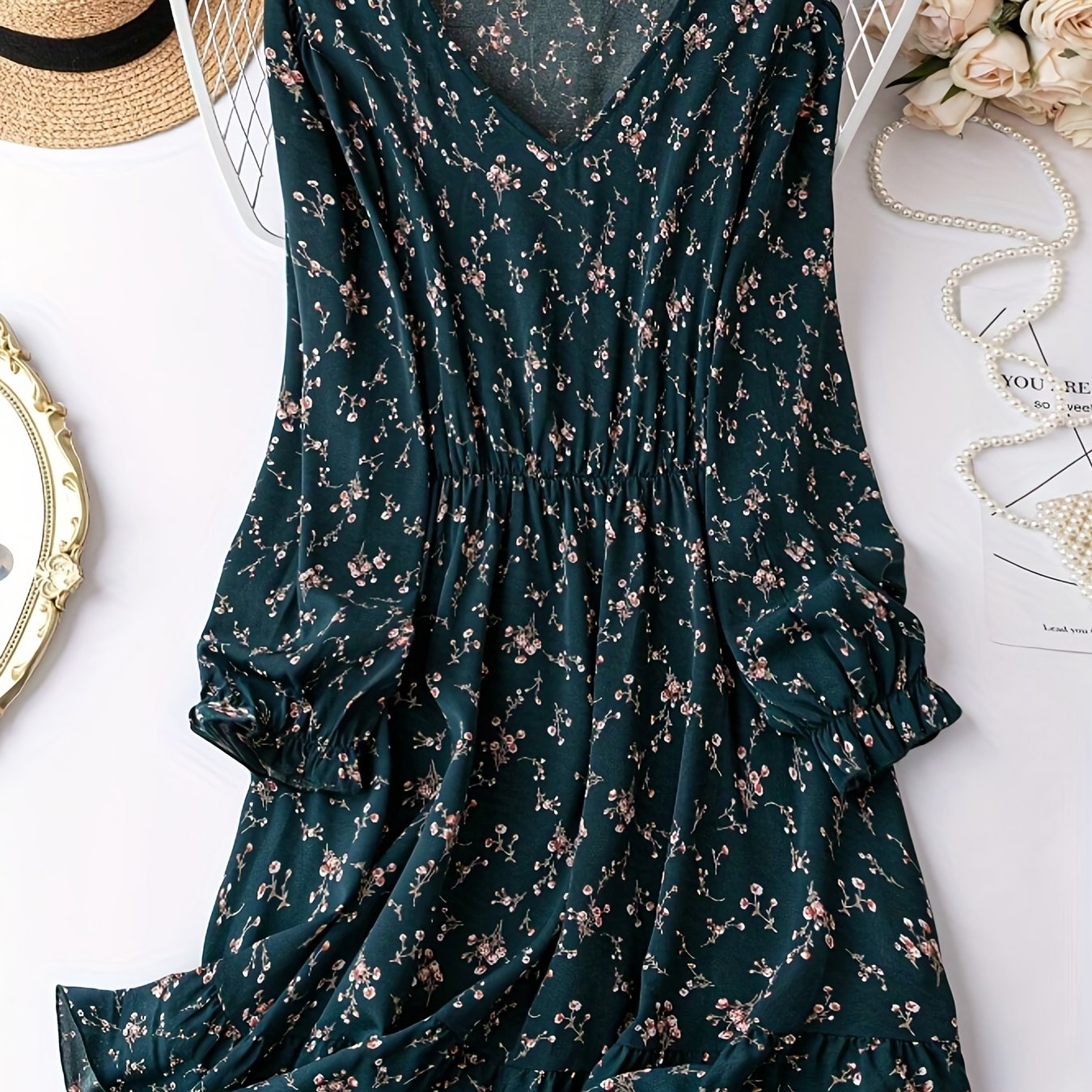 Ditsy Floral Print Lantern Sleeve Dress