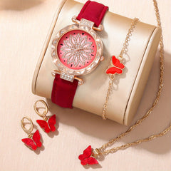 Red Rhinestone Quartz Watch & Red Butterfly Jewelry Set