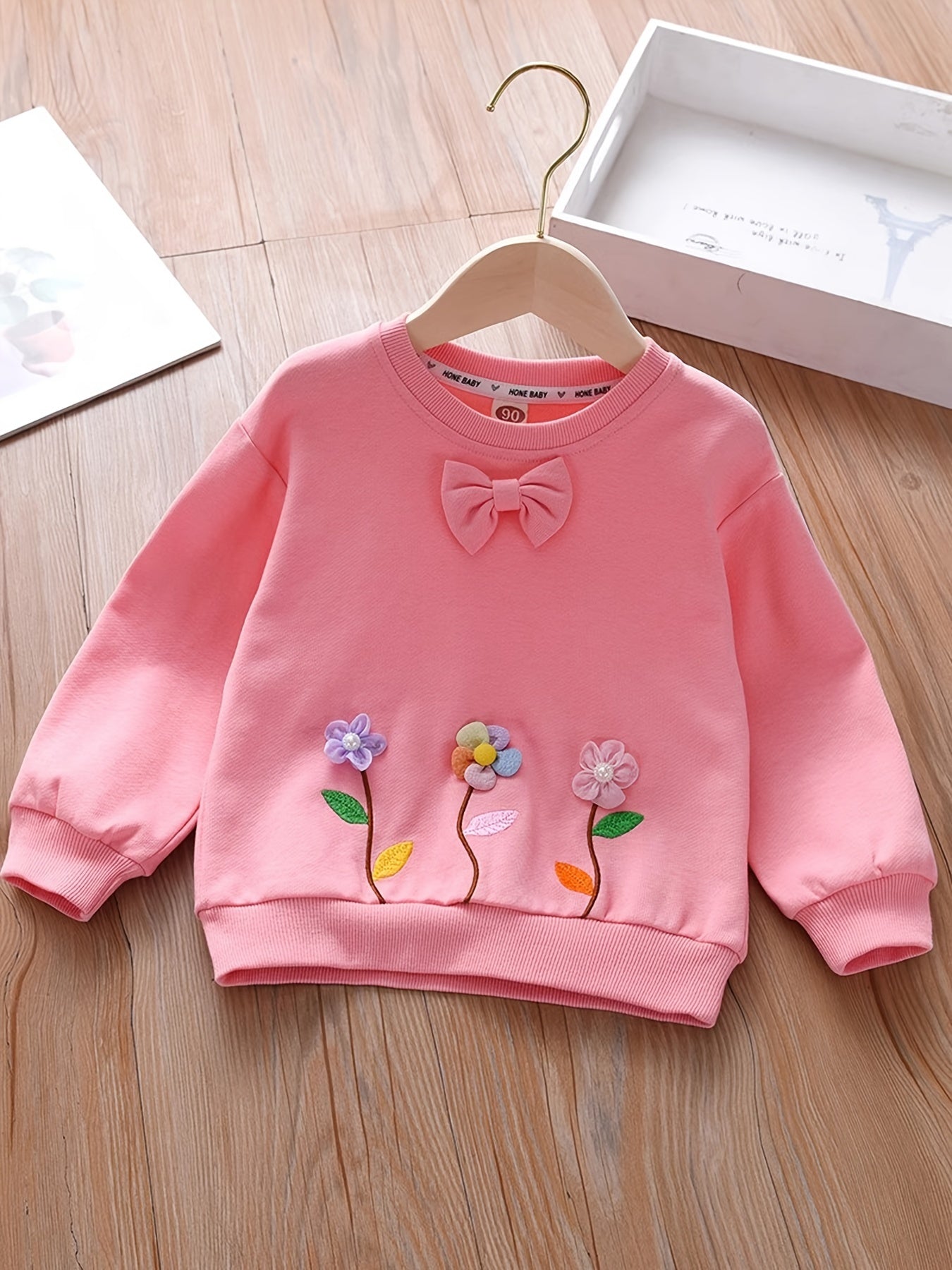 Girls' Flower & Bow Crew Neck Pullovers Soft Comfy Sweatshirt Tops