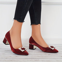 Chunky Heel Satin Pumps Rhinestone Pointed Toe Mid Heels