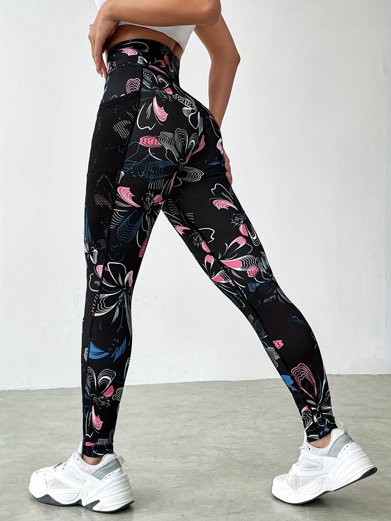Flower Print Yoga Pants with Phone Pocket High Waist Leggings