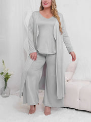 3 Piece Solid Long Sleeve Cardigan & V Neck Top & Wide Leg Pants Set