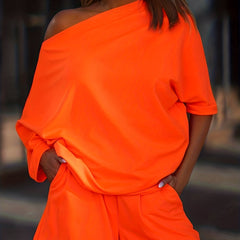 Women's 2pc Casual Set Crew Neck 3/4 Sleeve Tops & Shorts Outfit