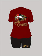 Women's Plus Lip & Art Print Crop Top & Shorts 2 Piece Set