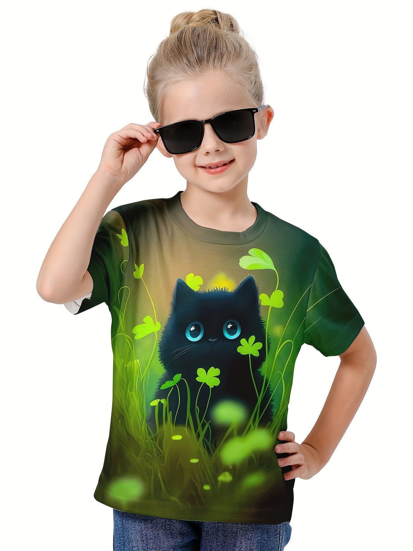 Girls Boys 3D Cat & Shamrock Graphic Tee Top