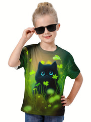 Girls Boys 3D Cat & Shamrock Graphic Tee Top