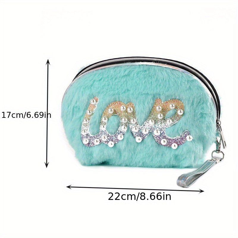 Cartoon Plush Bead Letter Patch Coin Purse Girls Cosmetic Storage Bag