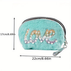 Cartoon Plush Bead Letter Patch Coin Purse Girls Cosmetic Storage Bag