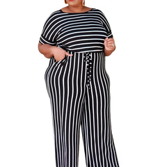 Striped Wide Leg Short Sleeve Jumpsuit Women's Plus Medium Stretch