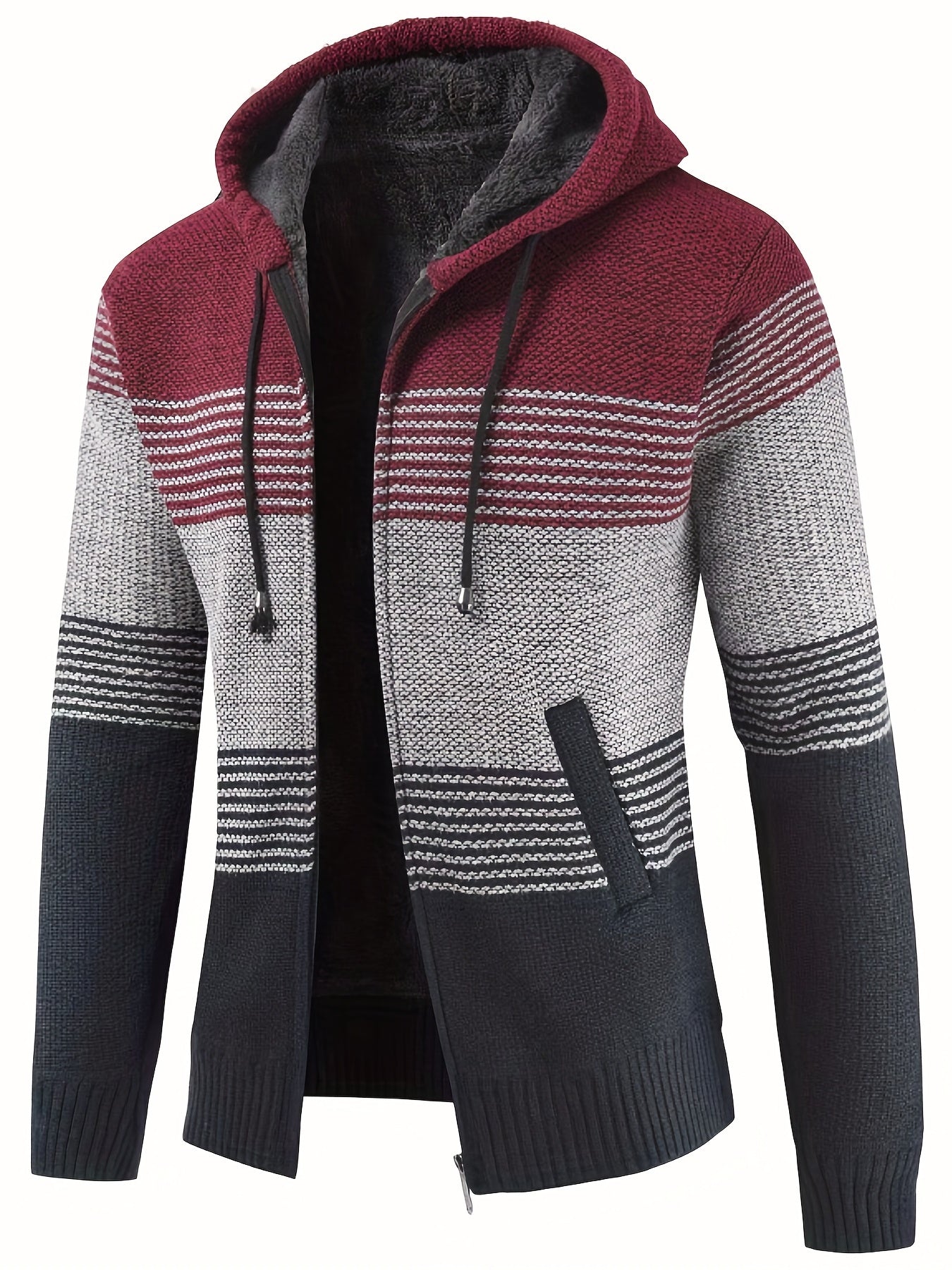 Knitted Stripes Fleece Hooded Cardigan Men's Zip Up Coat
