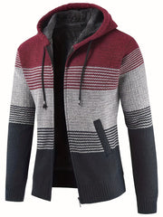 Knitted Stripes Fleece Hooded Cardigan Men's Zip Up Coat