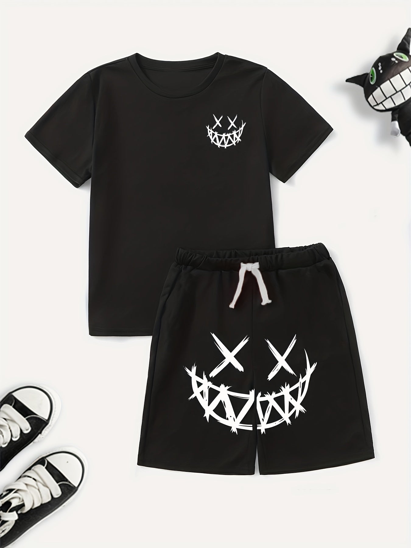 Boy's Happy Face Print T-shirt & Drawstring Shorts Set