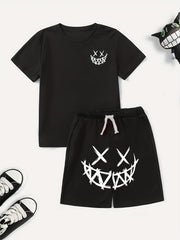Boy's Happy Face Print T-shirt & Drawstring Shorts Set