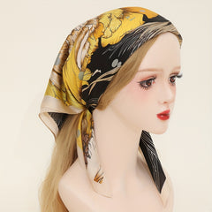 Goldfish Flower Print Bandana Yellow Satin Scarf for Women