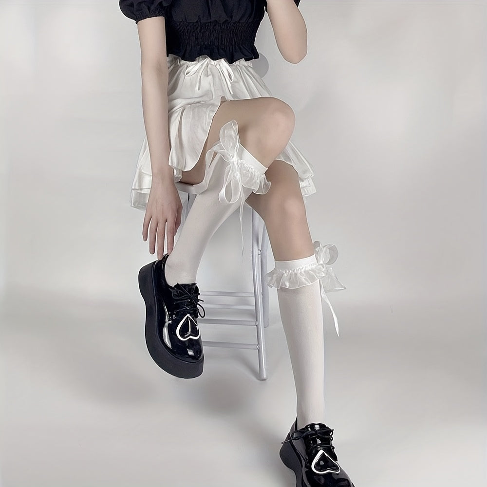 Ruffle Bow Calf Socks Sweet College Style Knee High Socks