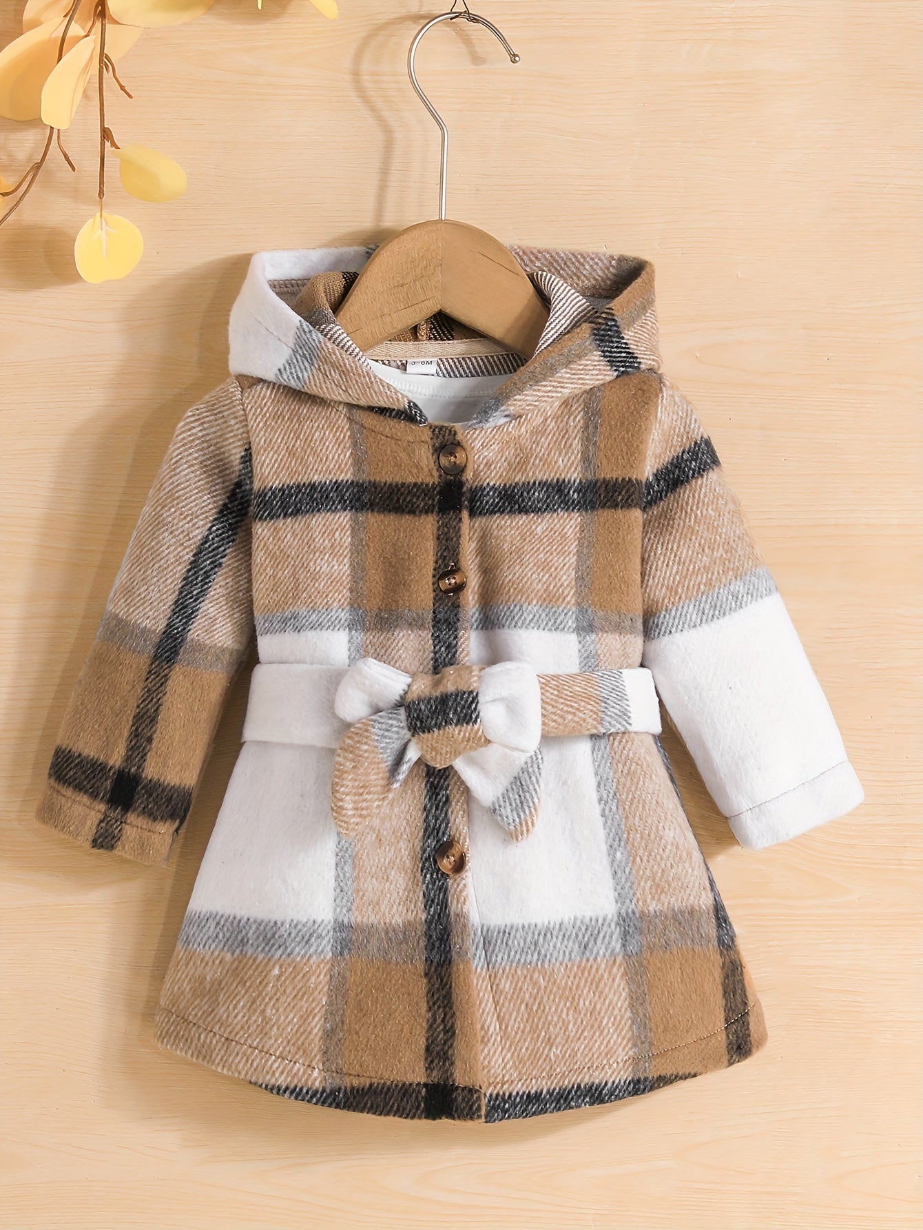 Baby Girls Plaid Belted Fleece Warm Coat Hooded Jacket