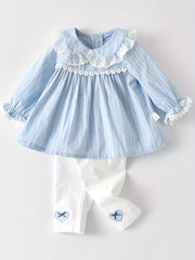 Baby Girl Lace Trim Puff Dress & Pants Set