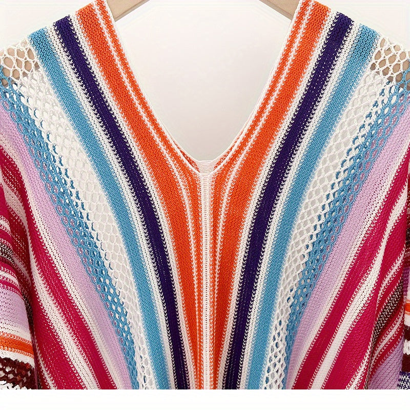 Vintage Hollow Out Stripe Shawl Boho Tassel Wrap Classic Thin Breathable Cardi