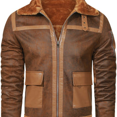 Men's Fleece PU Biker Jacket Zip Up Lapel Leather Jacket