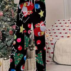 Women's Plus Christmas Tree & Santa Claus Print High Rise Wide Leg Pants