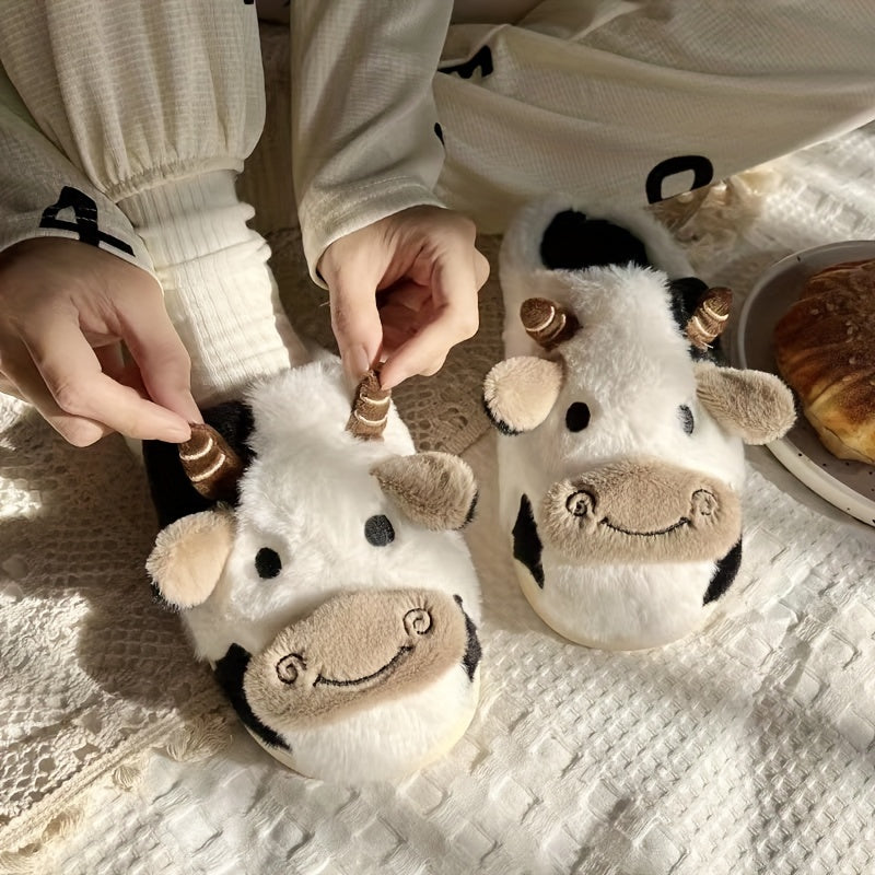 Cow Plush House Slippers Anti-Skid Slip-On Shoes