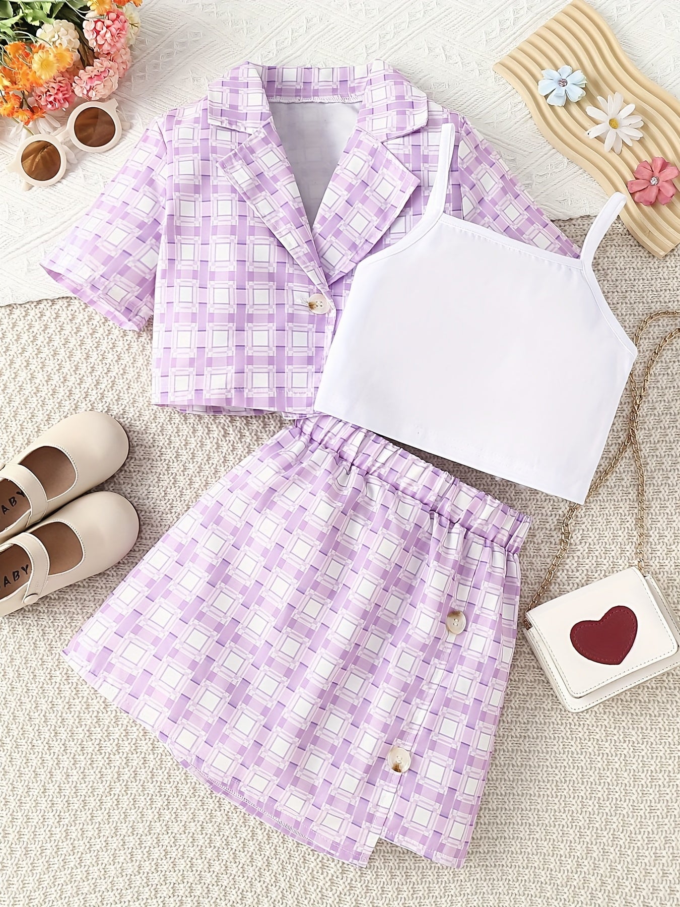 3pcs Girls Plaid Blazer Top Skirt Set for Vacation Casual Daily Kids Summer