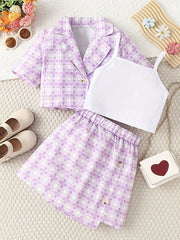 3pcs Girls Plaid Blazer Top Skirt Set for Vacation Casual Daily Kids Summer