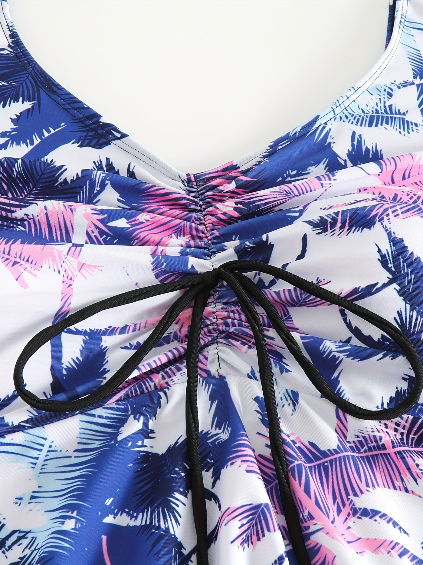 Tropical Print Boho Tankini Set Lace Up V Neck Top & Shorts Swimsuit