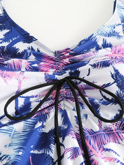 Tropical Print Boho Tankini Set Lace Up V Neck Top & Shorts Swimsuit