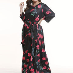 Floral Print Long Sleeve Plus Size Maxi Dress with Belt