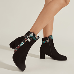 Floral Pattern Boots Point Toe Block Heel Side Zipper Winter Shoes
