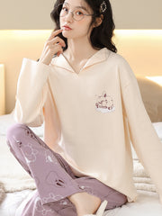 Bunny Print Pajama Set Long Sleeve Top & Pants Women's Sleepwear