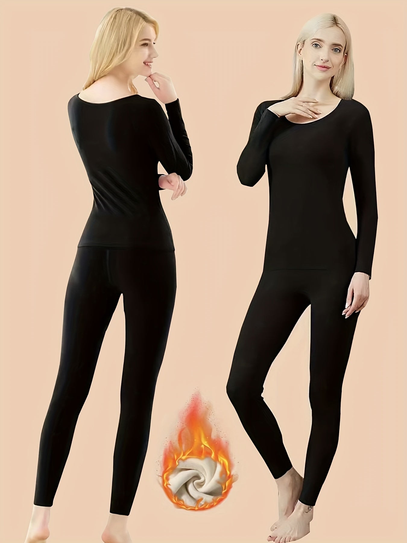 2pcs Thermal Underwear Set Long Sleeve Top & Leggings Suit Women's Activewear