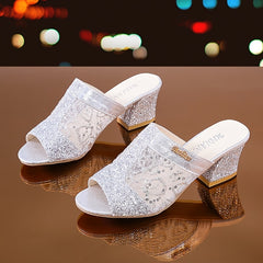Sequins Chunky Heeled Peep Toe Sandals Slip On Mid Heels