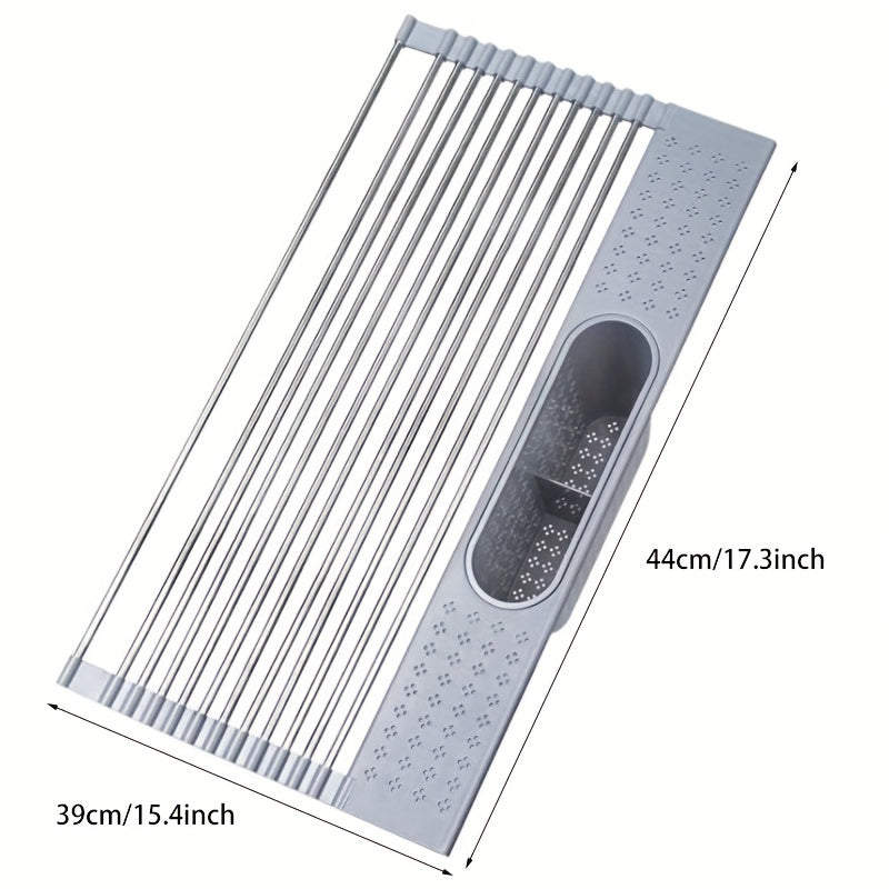 Stainless Steel Roll Up Dish Drying Rack with Utensil Holder
