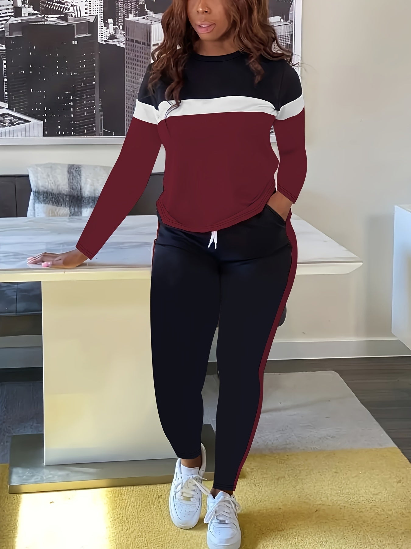 Colorblock Stripe Print Top & Pants Set