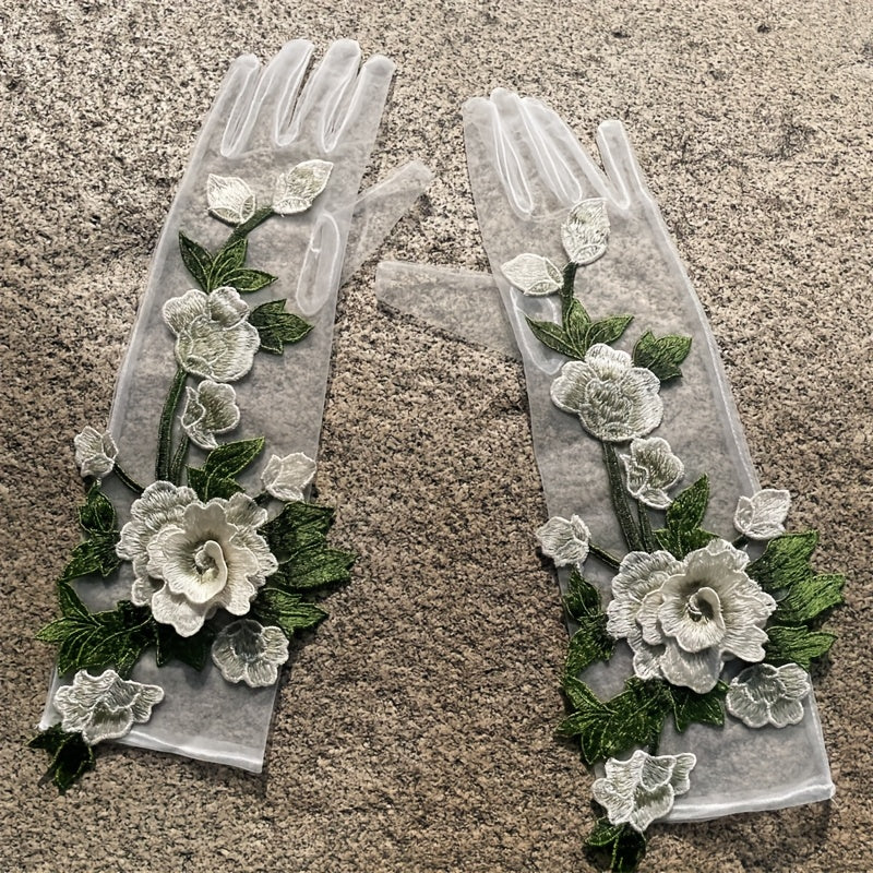 3D Floral Bridal Wedding Dress Gloves Ivory Mesh Flowers Holiday Accessory